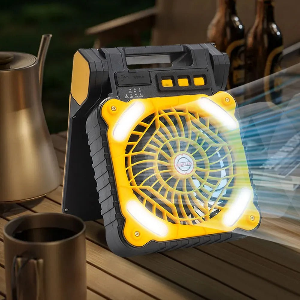 Quạt Cắm Trại Năng Lượng Mặt Trời với Đèn LED 5200mAh – Quạt Điện Di Động Không Dây 4 Cấp Độ Gió, Chống Nước IPX4, sạc Solar &amp; USB, Phù Hợp Cho Dã Ngoại, Leo Núi, Câu Cá – Hỗ Trợ Thanh Toán Khi Nhận Hàng