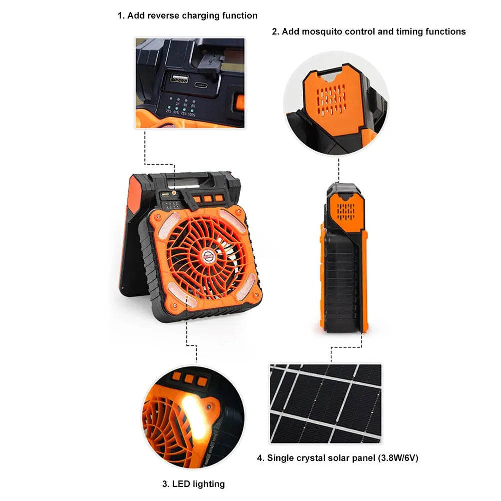 Quạt Cắm Trại Năng Lượng Mặt Trời với Đèn LED 5200mAh – Quạt Điện Di Động Không Dây 4 Cấp Độ Gió, Chống Nước IPX4, sạc Solar &amp; USB, Phù Hợp Cho Dã Ngoại, Leo Núi, Câu Cá – Hỗ Trợ Thanh Toán Khi Nhận Hàng