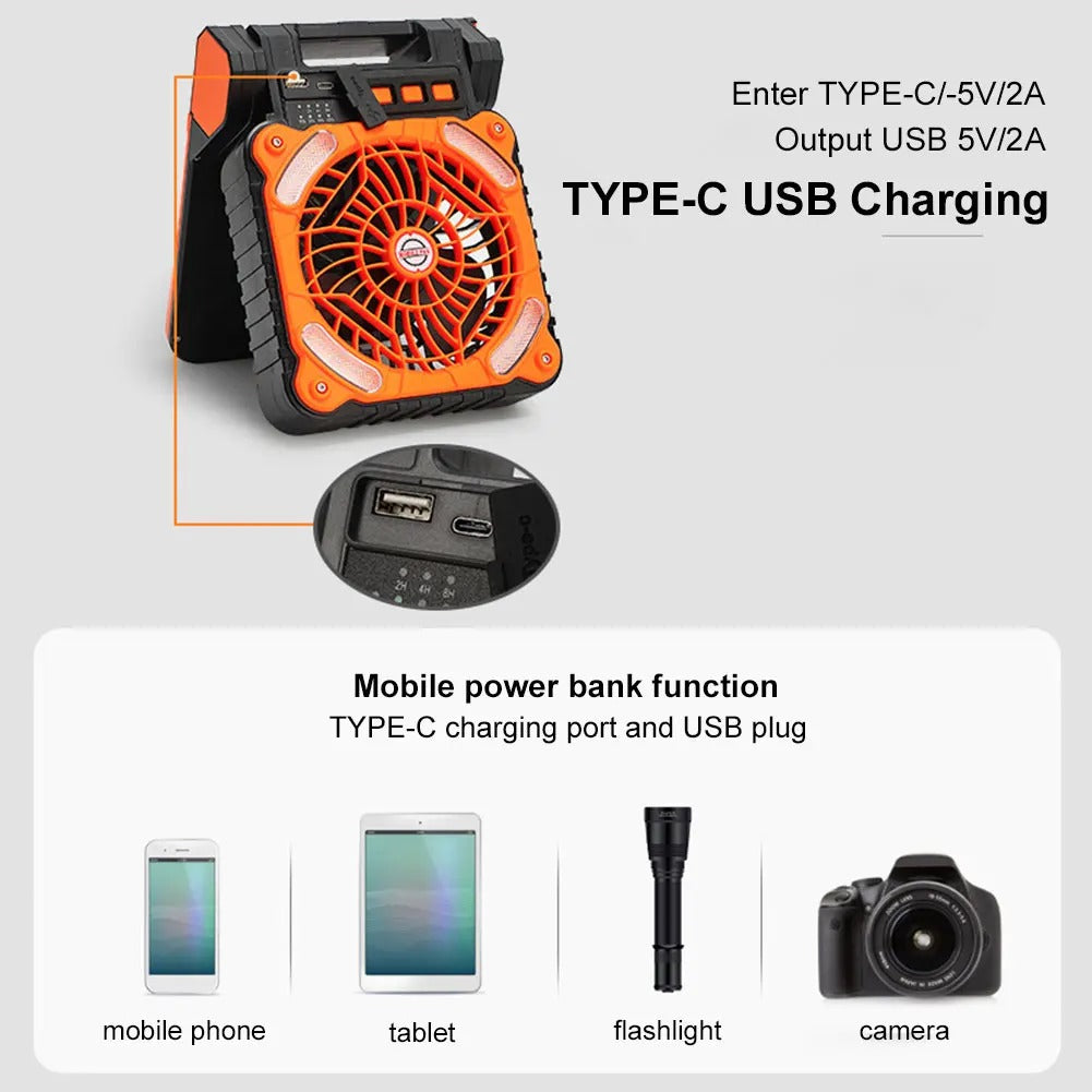 Quạt Cắm Trại Năng Lượng Mặt Trời với Đèn LED 5200mAh – Quạt Điện Di Động Không Dây 4 Cấp Độ Gió, Chống Nước IPX4, sạc Solar &amp; USB, Phù Hợp Cho Dã Ngoại, Leo Núi, Câu Cá – Hỗ Trợ Thanh Toán Khi Nhận Hàng