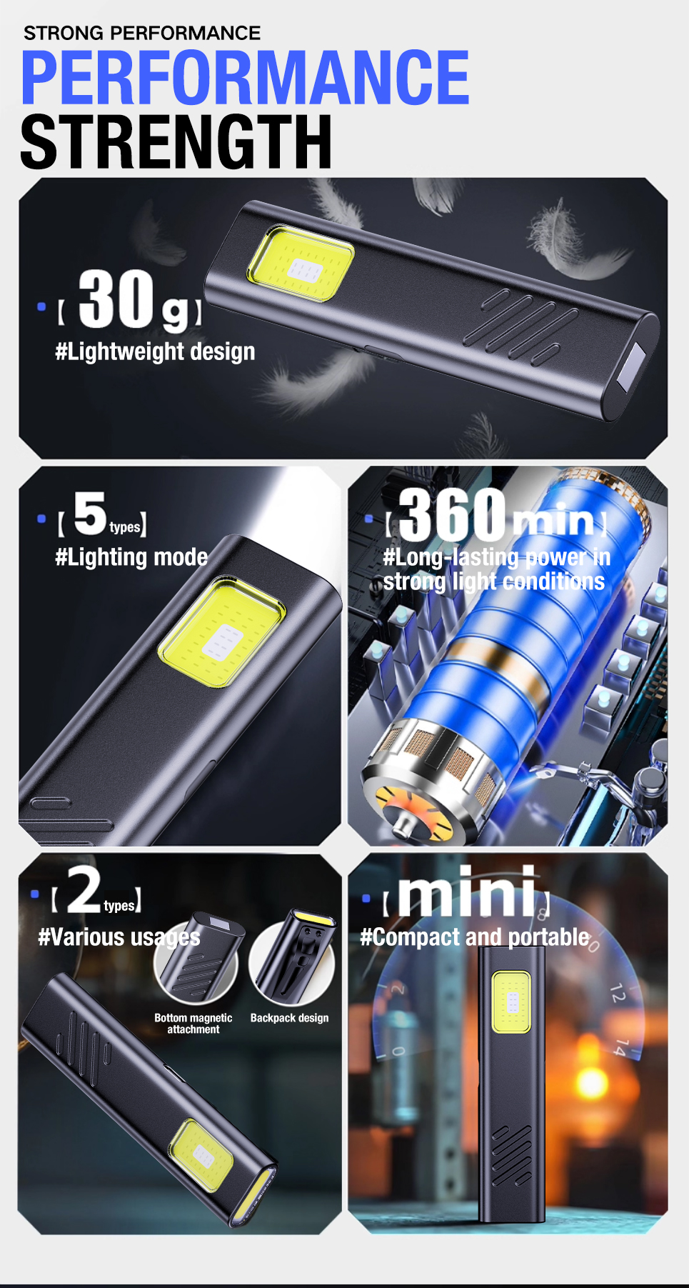 Mini Magnetic LED Flashlight for Camping & Fishing – Rechargeable Multi-Mode Work Light with Safety Warning